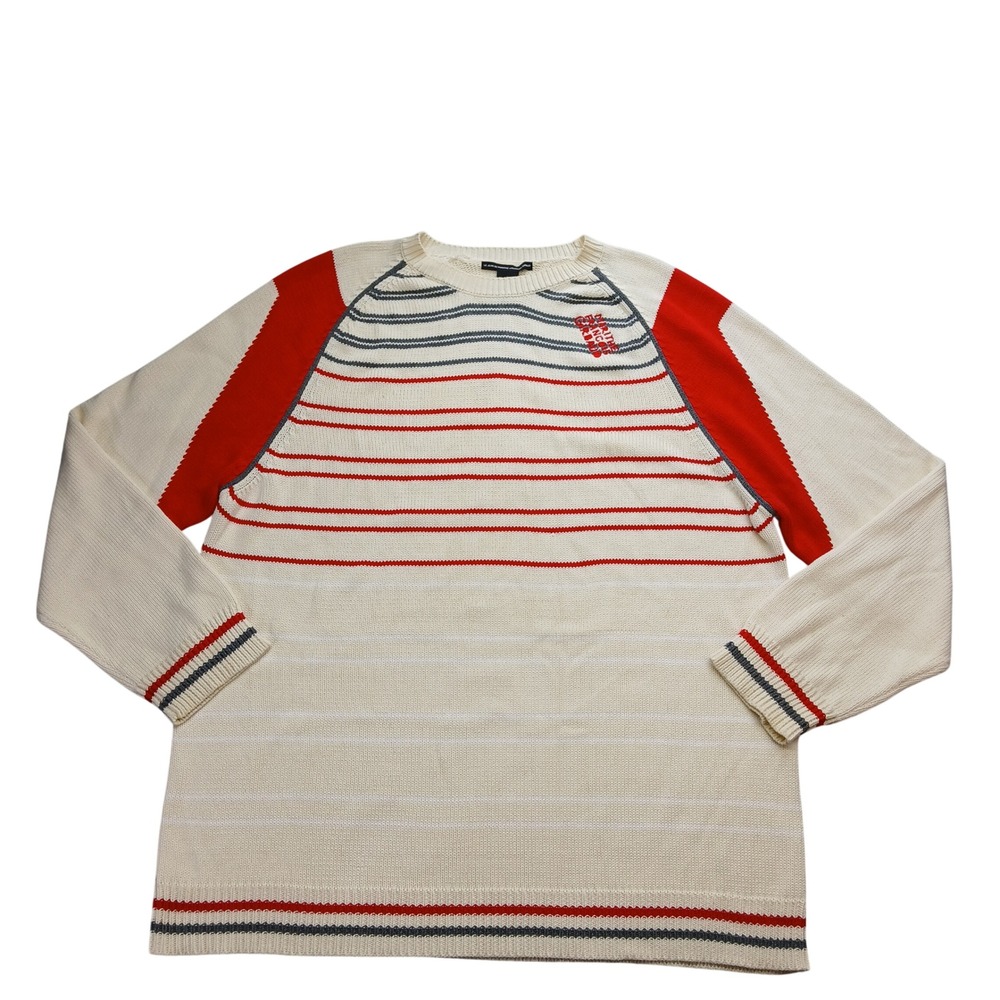 Marithe Francois Girbaud Sweater Mens XL Cream Red Striped Excellent Cotton Knit